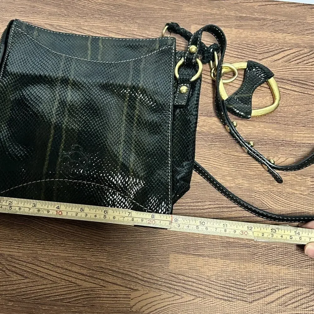 Tortuga Black Leather Snakeskin Embossed Crossbody Bag Gold Ring Accent Turtle